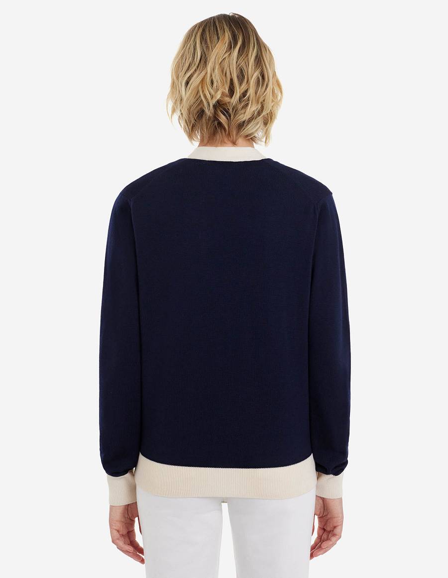 Navy Women's Maison Kitsune Baby Fox Patch Bi-color Classic Cardigan | AU-J0338