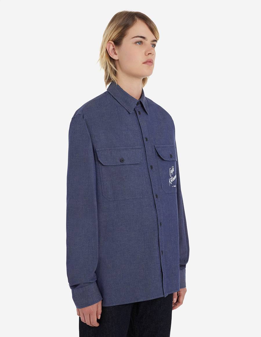 Navy Women's Maison Kitsune Cafe Chambray Shirts | AU-G0936