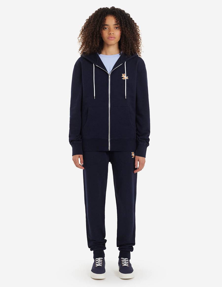 Navy Women's Maison Kitsune Chillax Fox Patch Zipped Hoodies | AU-S0154