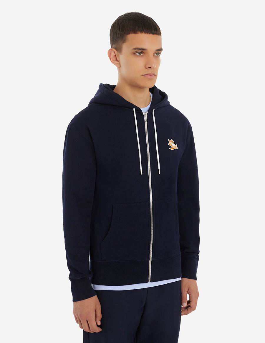 Navy Women's Maison Kitsune Chillax Fox Patch Zipped Hoodies | AU-S0154