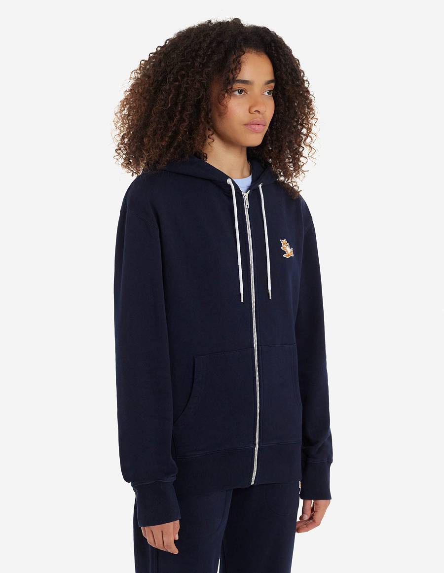 Navy Women's Maison Kitsune Chillax Fox Patch Zipped Hoodies | AU-S0154