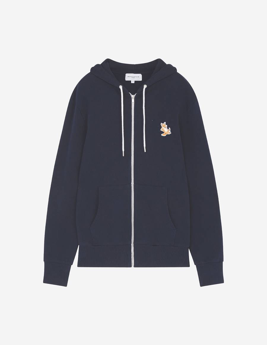 Navy Women\'s Maison Kitsune Chillax Fox Patch Zipped Hoodies | AU-S0154