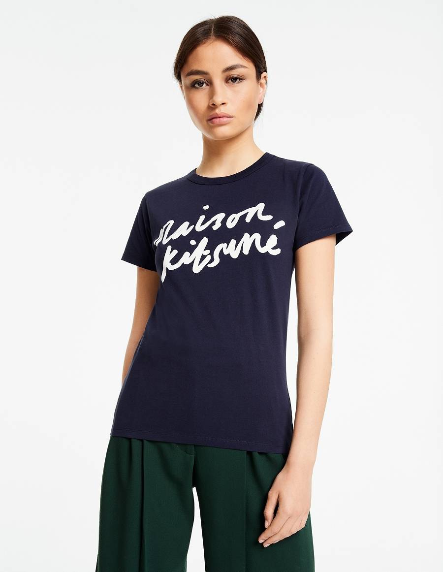 Navy Women's Maison Kitsune Handwriting Classic T Shirts | AU-P0355