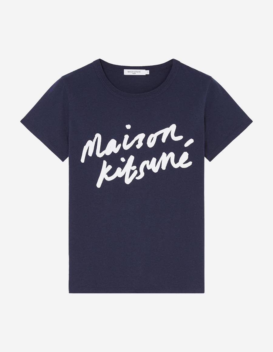 Navy Women\'s Maison Kitsune Handwriting Classic T Shirts | AU-P0355