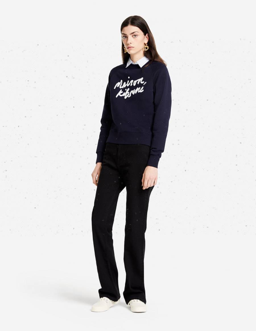 Navy Women's Maison Kitsune Handwriting Adjusted Sweatshirts | AU-V0346