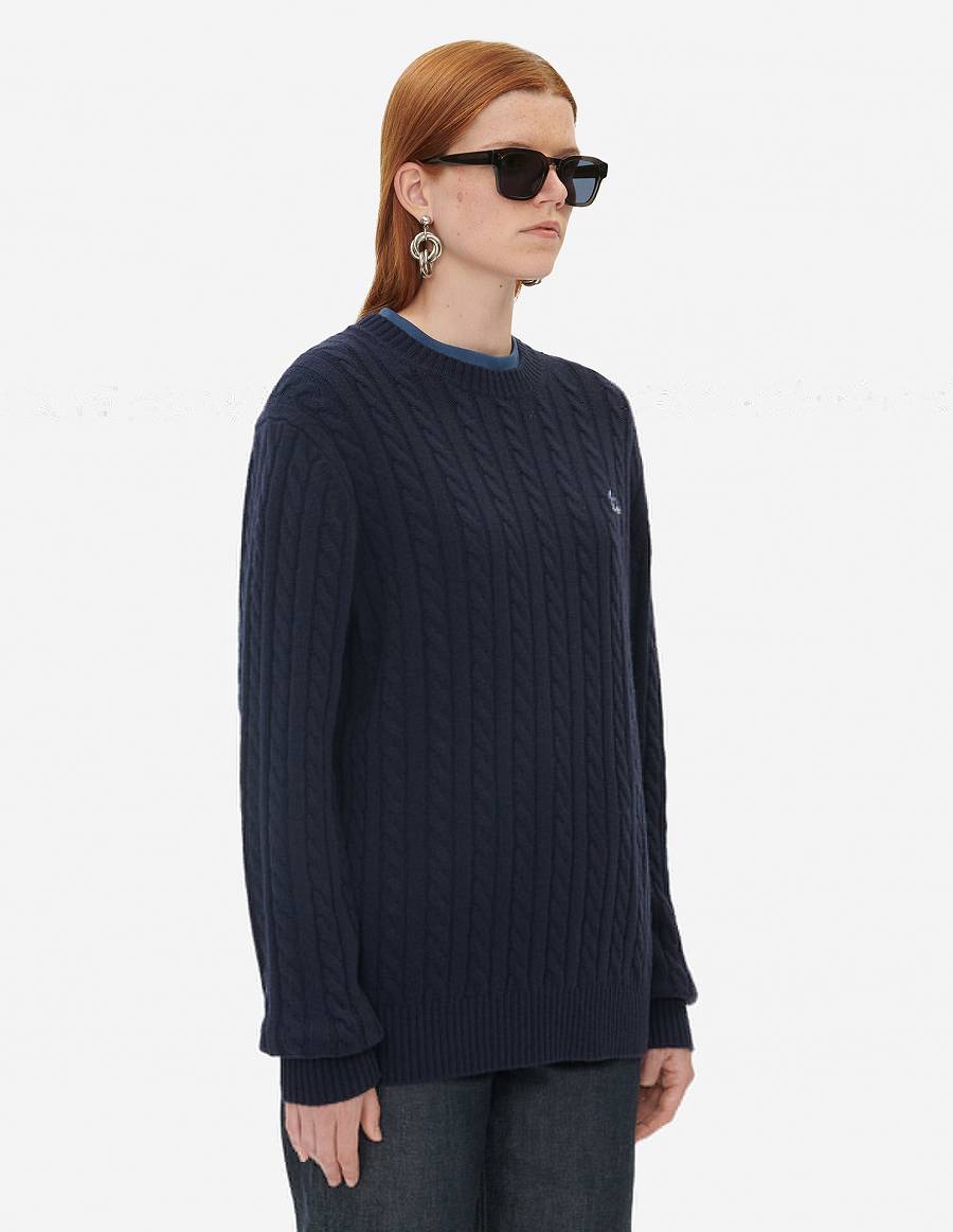 Navy Women's Maison Kitsune Navy Fox Patch Classic R-neck Sweaters | AU-W745