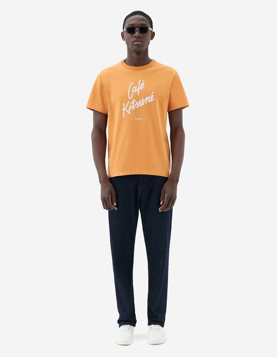 Orange Men's Maison Kitsune Cafe Kitsune Classic T Shirts | AU-P0M23