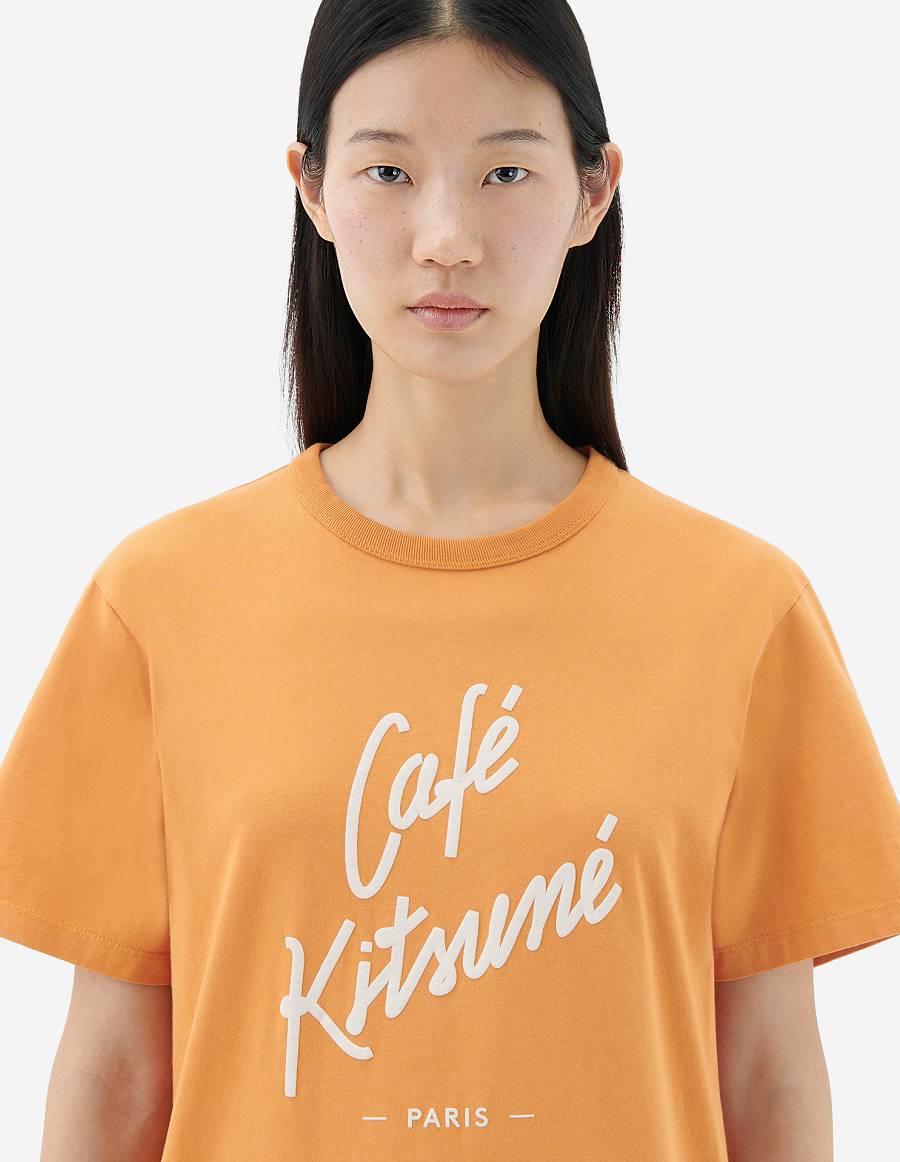 Orange Men's Maison Kitsune Cafe Kitsune Classic T Shirts | AU-P0M23