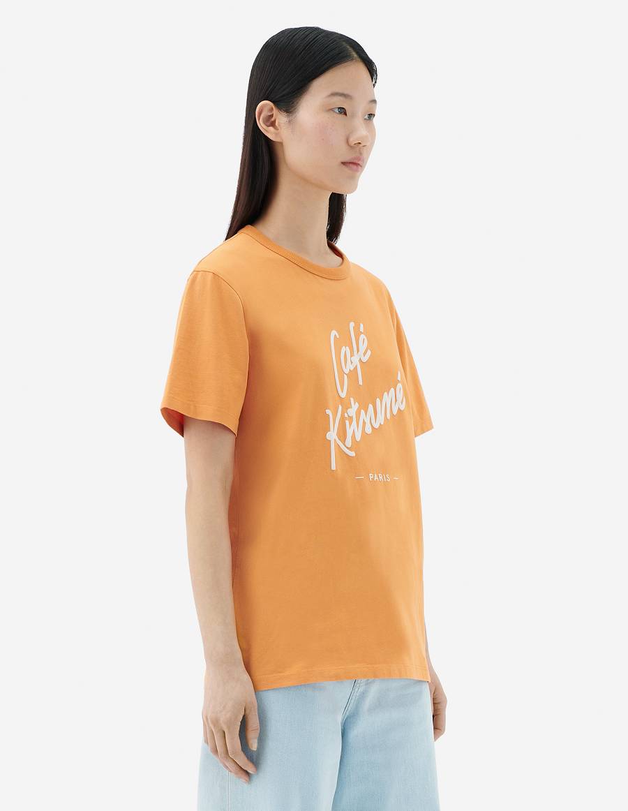 Orange Men's Maison Kitsune Cafe Kitsune Classic T Shirts | AU-P0M23