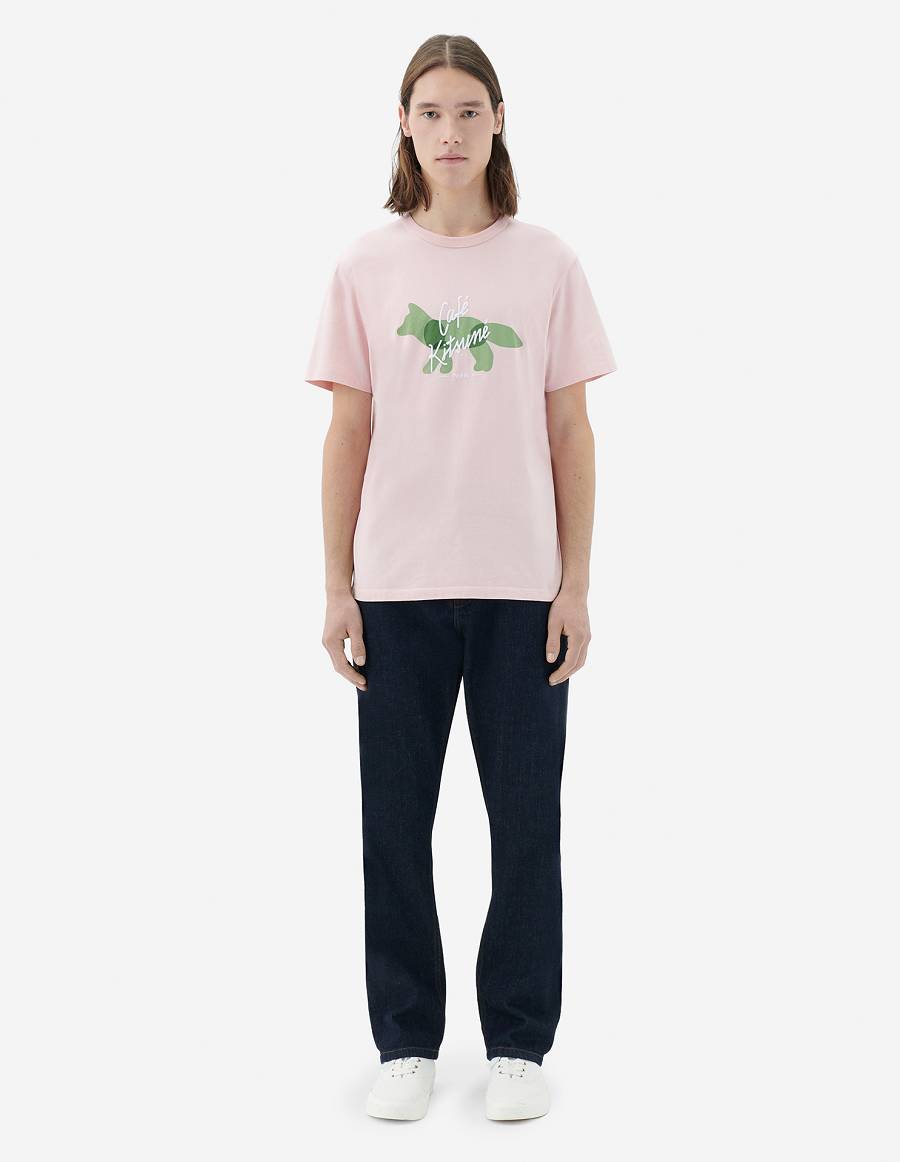 Pink Men's Maison Kitsune Fox Cafe Kitsune Classic T Shirts | AU-H0830