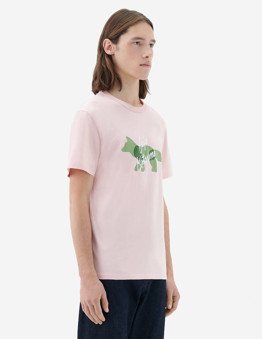 Pink Men's Maison Kitsune Fox Cafe Kitsune Classic T Shirts | AU-H0830