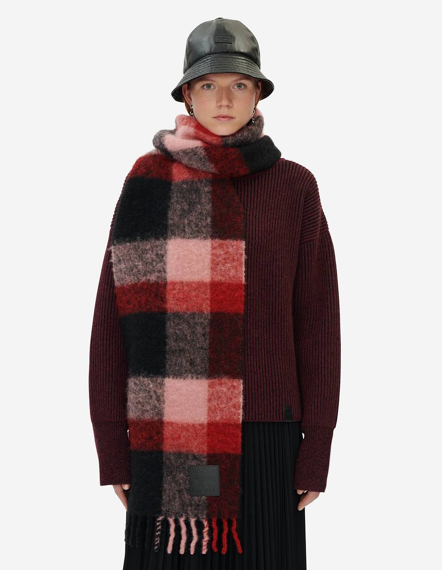 Pink Red Men's Maison Kitsune Check Fringed Scarf | AU-J0367