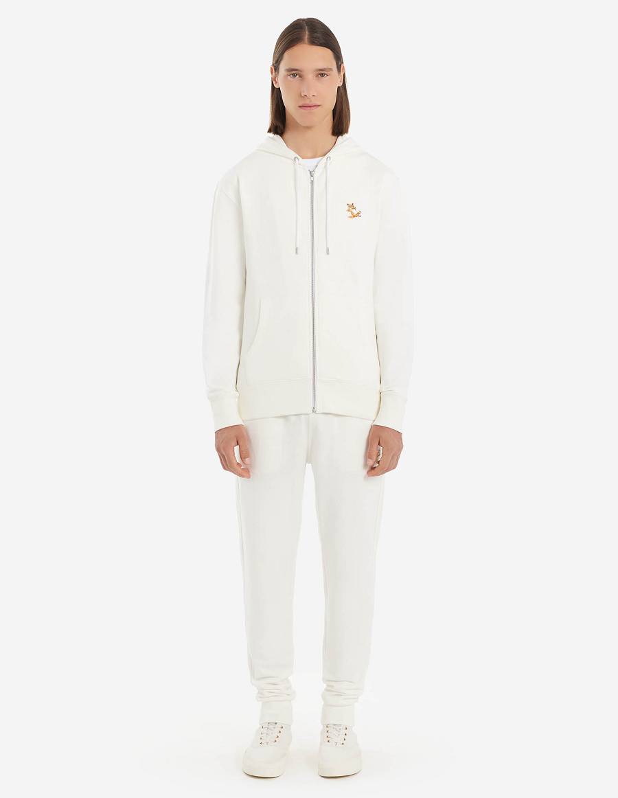 White Men's Maison Kitsune Chillax Fox Patch Zipped Hoodies | AU-U0470