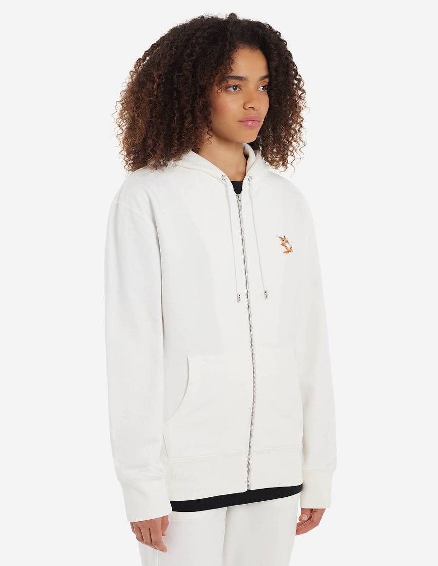 White Men's Maison Kitsune Chillax Fox Patch Zipped Hoodies | AU-U0470