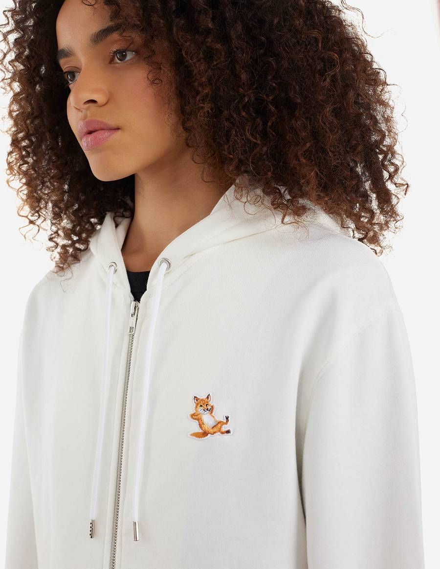 White Men's Maison Kitsune Chillax Fox Patch Zipped Hoodies | AU-U0470