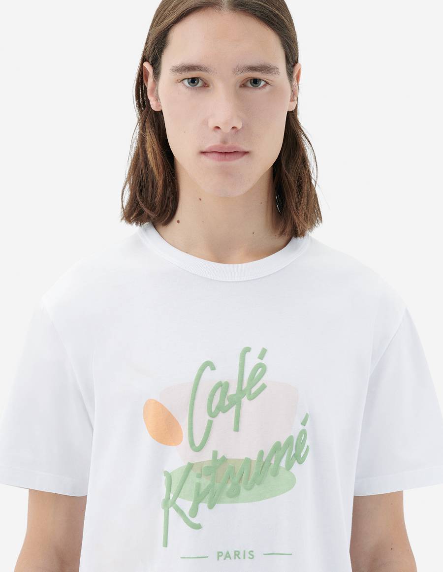 White Men's Maison Kitsune Cup Cafe Kitsune Classic T Shirts | AU-U383