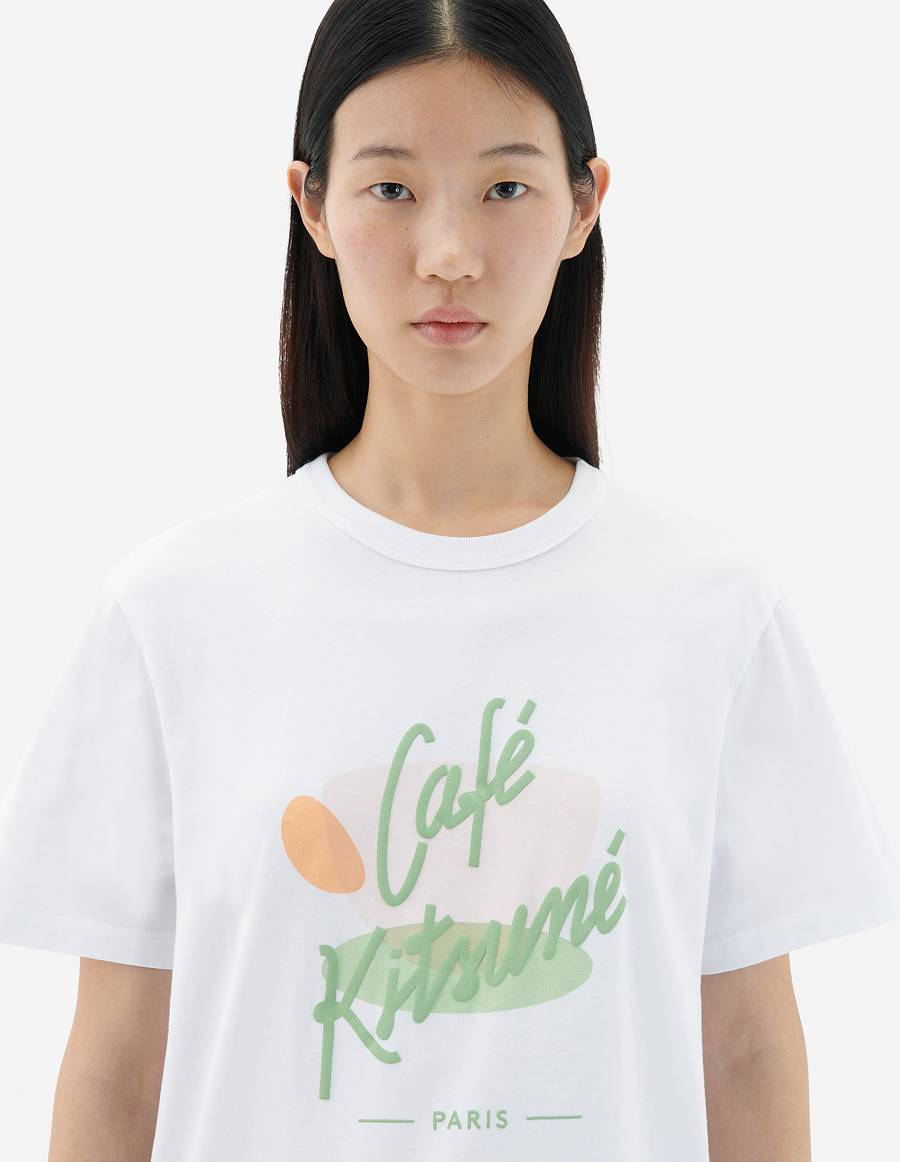 White Men's Maison Kitsune Cup Cafe Kitsune Classic T Shirts | AU-U383