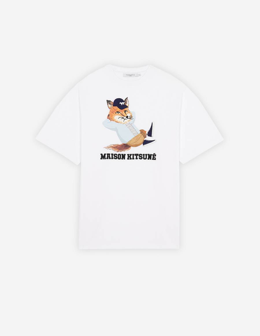 White Men\'s Maison Kitsune Dressed Fox Print Easy T Shirts | AU-K0371