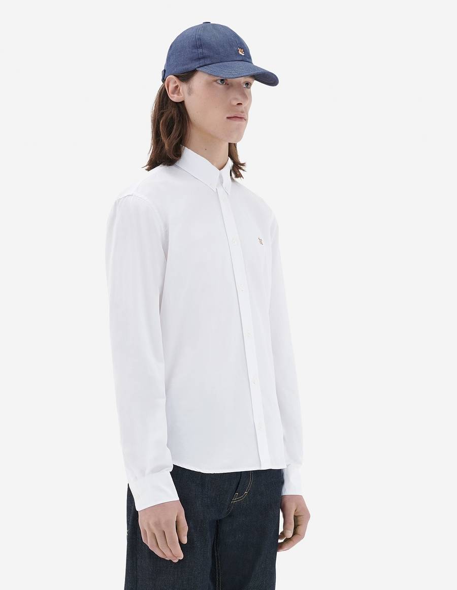 White Men's Maison Kitsune Fox Head Embroidery Classic Shirts | AU-W0310