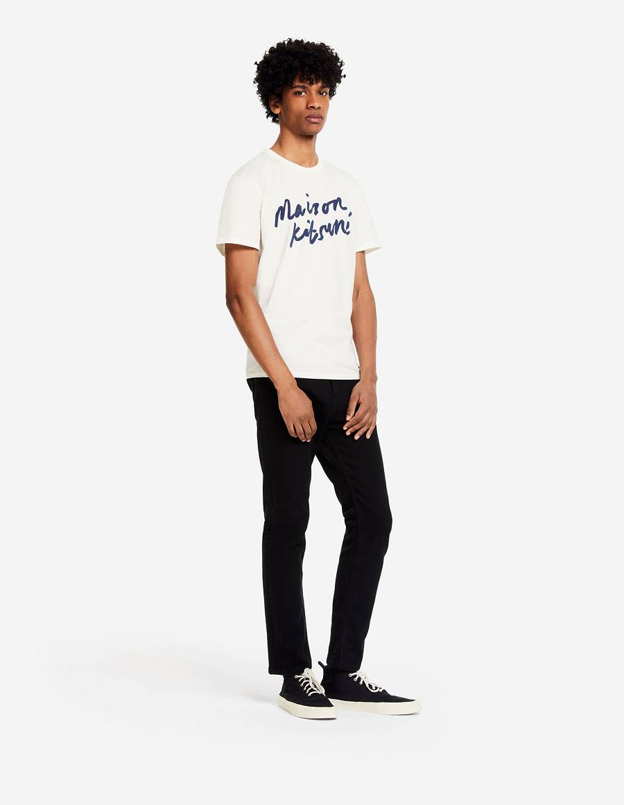 White Men's Maison Kitsune Handwriting Classic T Shirts | AU-X0203