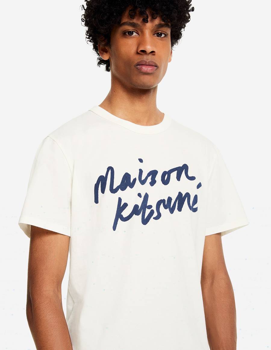 White Men's Maison Kitsune Handwriting Classic T Shirts | AU-X0203