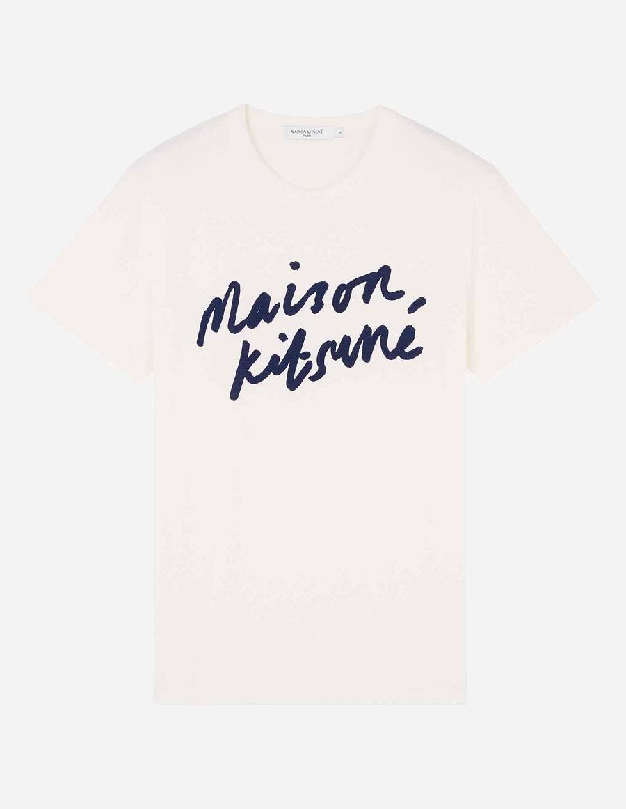 White Men\'s Maison Kitsune Handwriting Classic T Shirts | AU-X0203