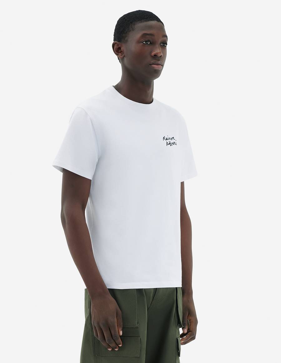 White Men's Maison Kitsune Mini Handwriting Classic T Shirts | AU-O1160