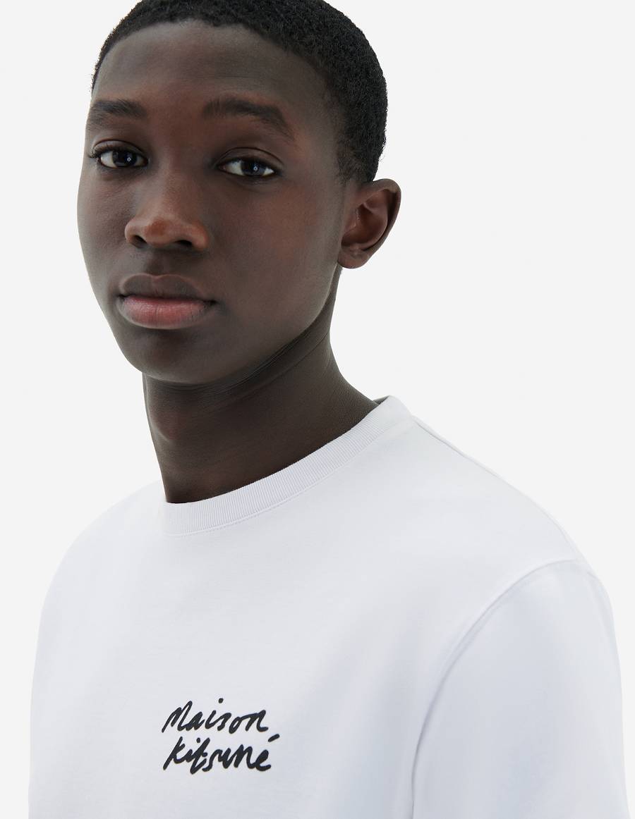 White Men's Maison Kitsune Mini Handwriting Classic T Shirts | AU-O1160