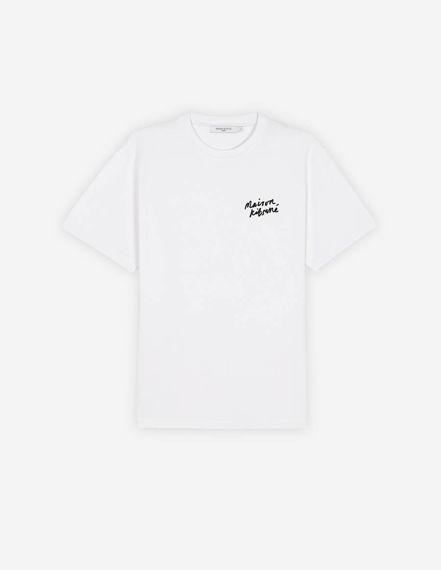 White Men\'s Maison Kitsune Mini Handwriting Classic T Shirts | AU-O1160