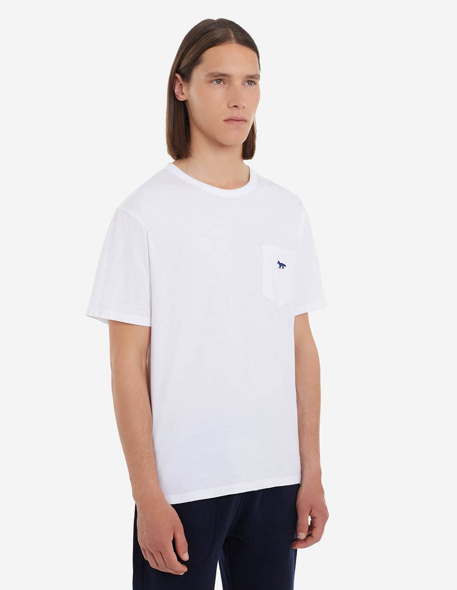 White Men's Maison Kitsune Navy Fox Patch Classic Pocket T Shirts | AU-U0731