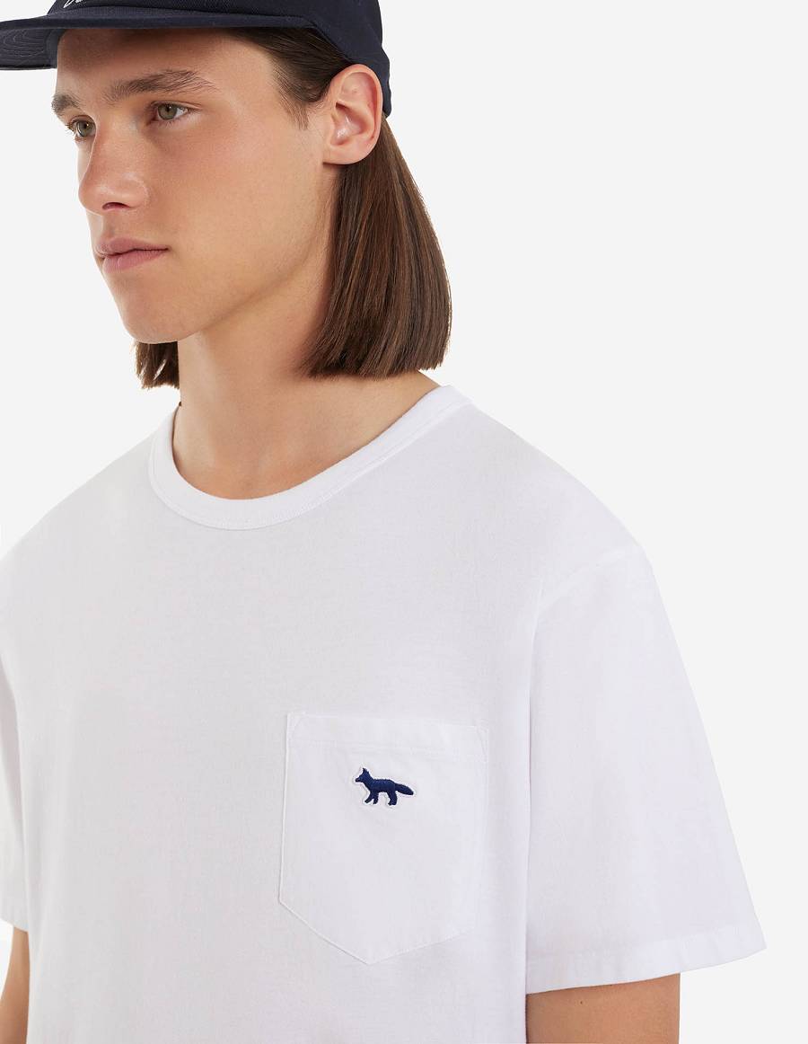 White Men's Maison Kitsune Navy Fox Patch Classic Pocket T Shirts | AU-U0731