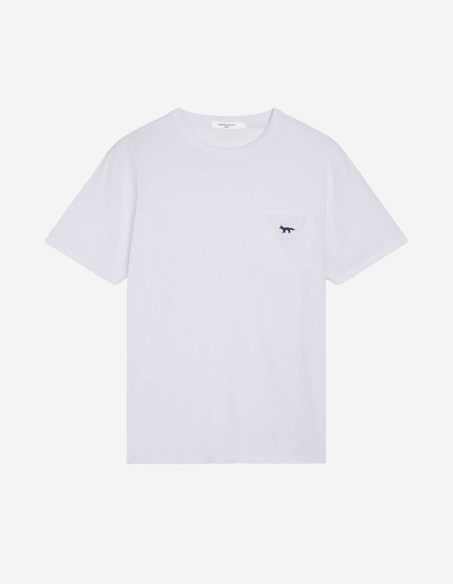 White Men\'s Maison Kitsune Navy Fox Patch Classic Pocket T Shirts | AU-U0731