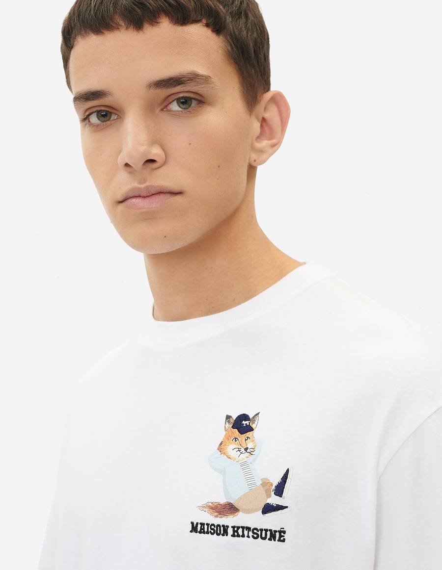 White Men's Maison Kitsune Small Dressed Fox Print Easy T Shirts | AU-J0628