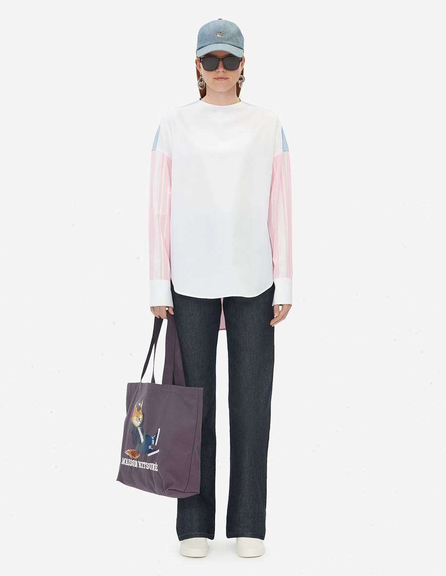 White Pink Women's Maison Kitsune Open Sleeve Top Shirts | AU-G124