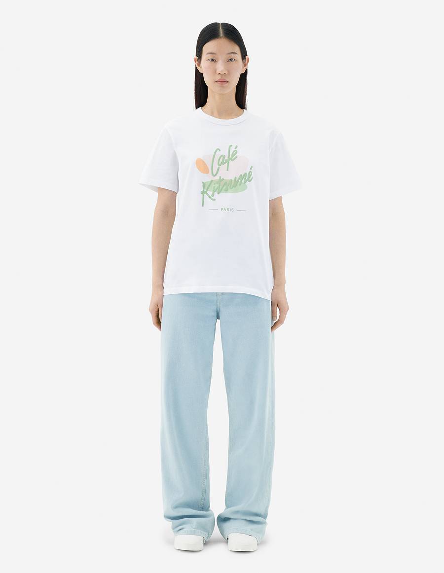 White Women's Maison Kitsune Cup Cafe Kitsune Classic T Shirts | AU-E0M20