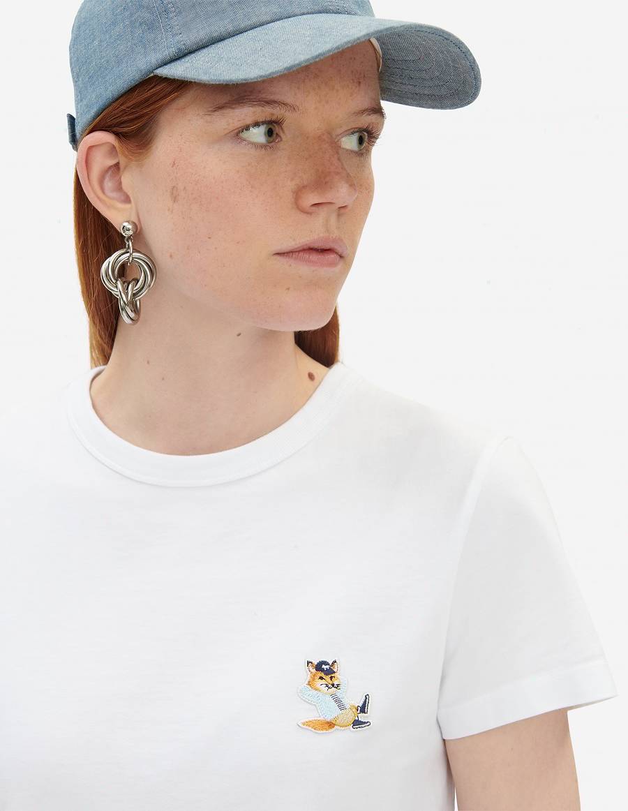 White Women's Maison Kitsune Dressed Fox Patch Classic T Shirts | AU-H0569