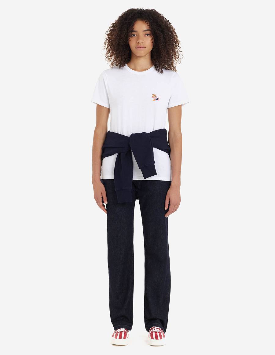 White Women's Maison Kitsune Frenchie Dressed Fox Patch Classic T Shirts | AU-S0M55