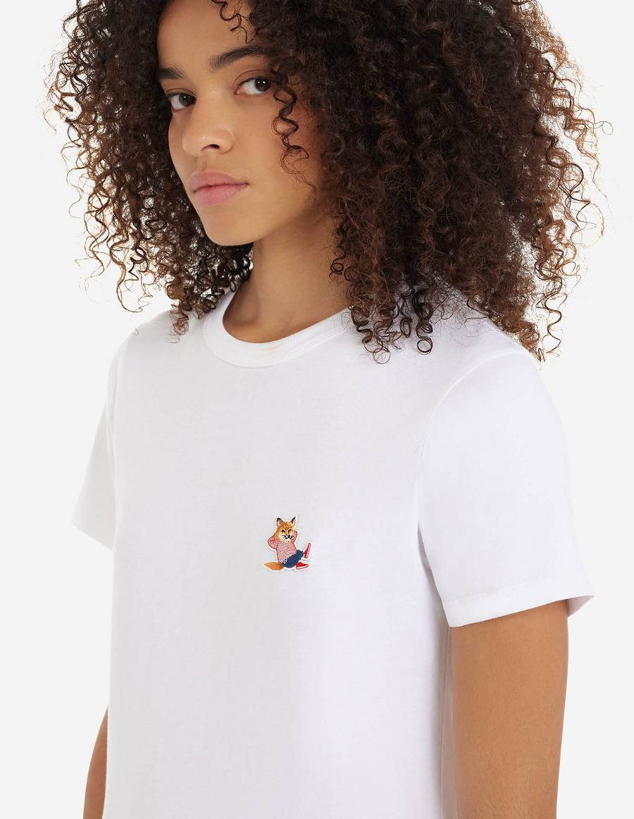 White Women's Maison Kitsune Frenchie Dressed Fox Patch Classic T Shirts | AU-S0M55