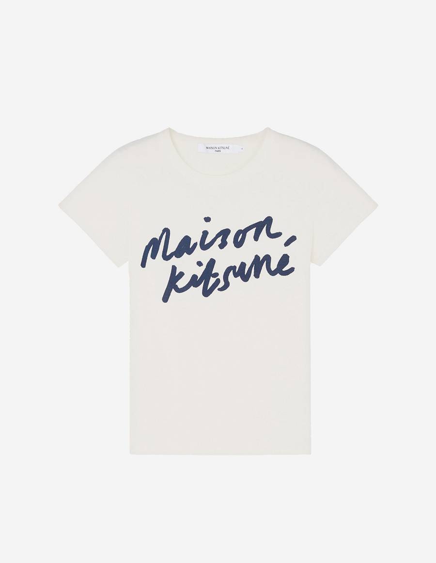 White Women\'s Maison Kitsune Handwriting Classic T Shirts | AU-S0623