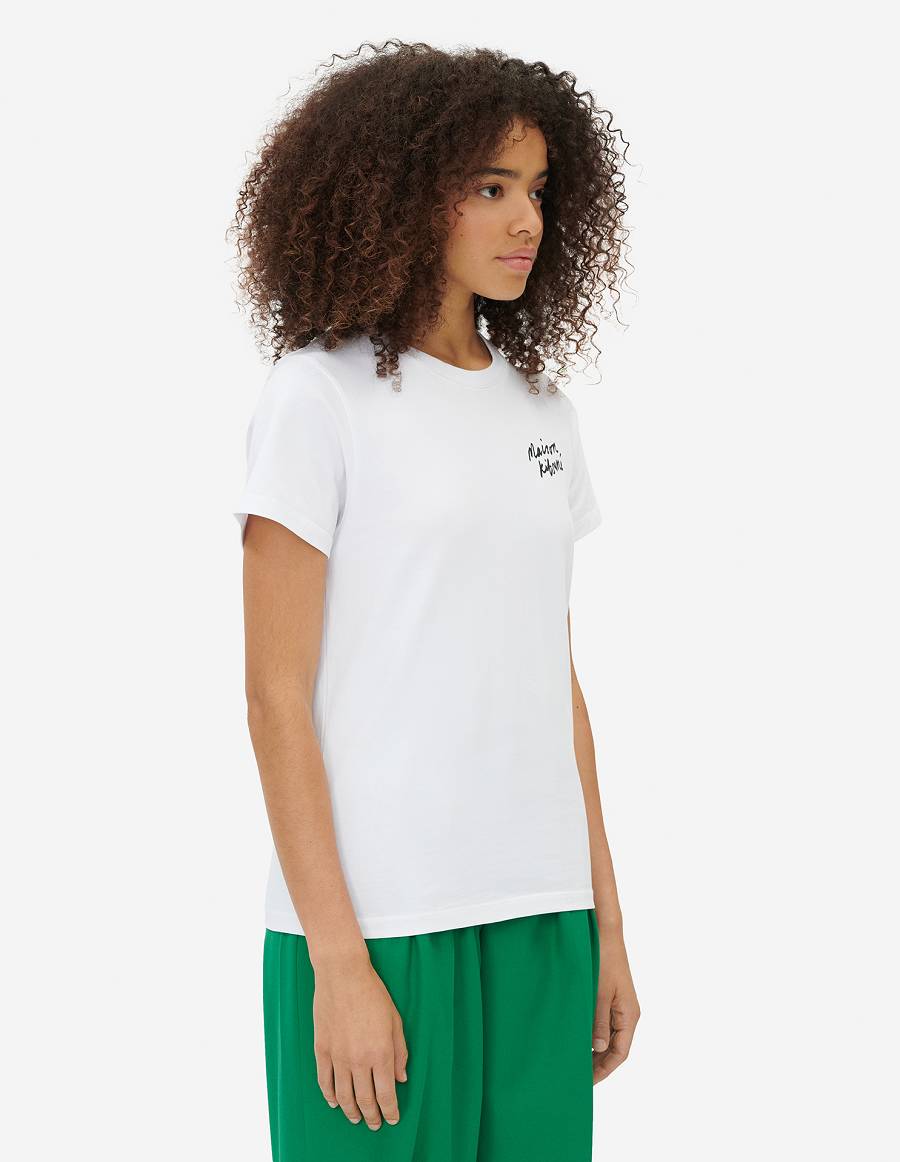 White Women's Maison Kitsune Mini Handwriting Classic T Shirts | AU-J0M35