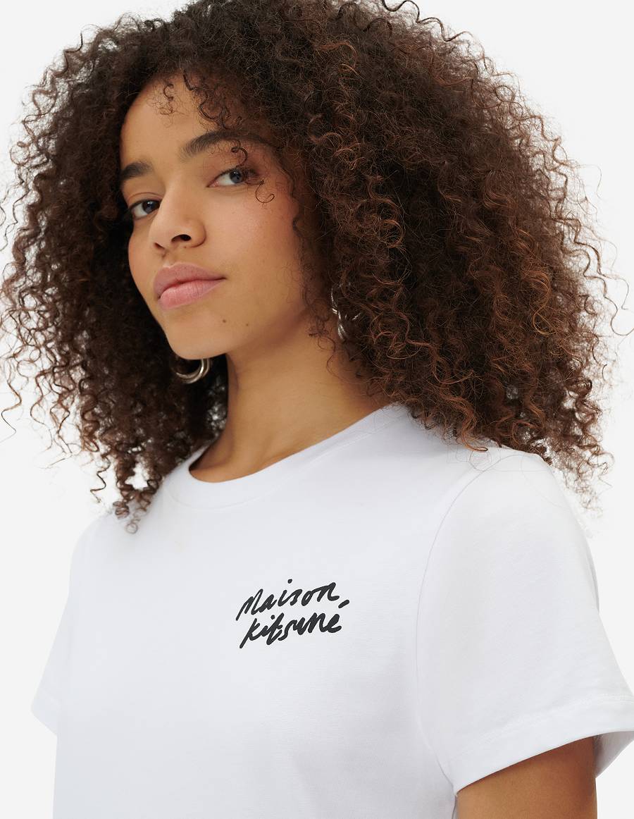 White Women's Maison Kitsune Mini Handwriting Classic T Shirts | AU-J0M35