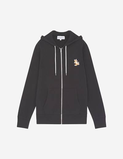 Black Men's Maison Kitsune Chillax Fox Patch Zipped Hoodies | AU-L0M40