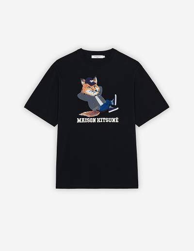 Black Men's Maison Kitsune Dressed Fox Print Easy T Shirts | AU-M0576