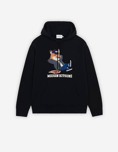 Black Men's Maison Kitsune Dressed Fox Print Relaxed Hoodies | AU-X0464