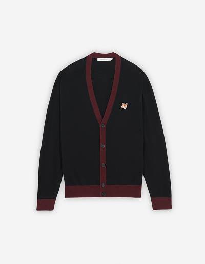 Black Men's Maison Kitsune Fox Head Patch Bi Color Cardigan | AU-M0225