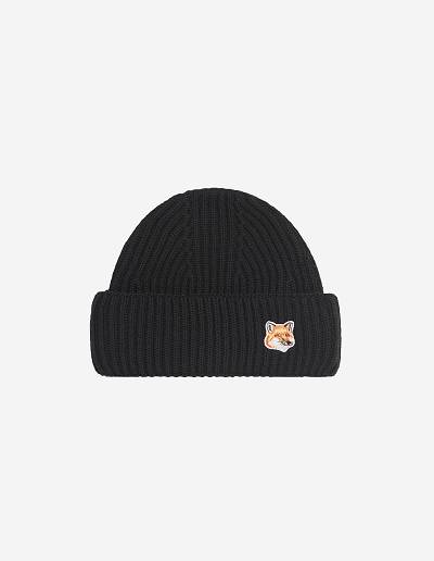 Black Men's Maison Kitsune Fox Head Patch Ribbed Hats | AU-W0368