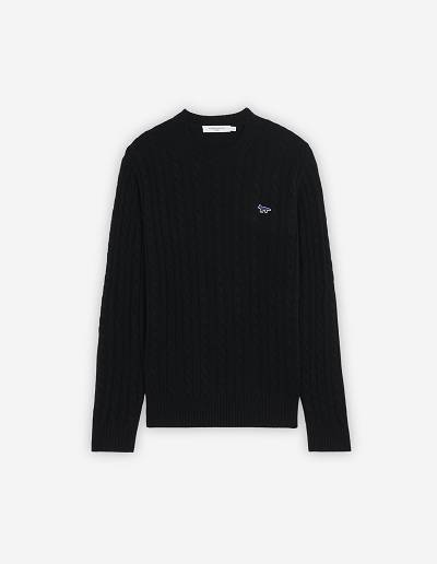 Black Men's Maison Kitsune Navy Fox Patch Classic R-neck Sweaters | AU-K0650