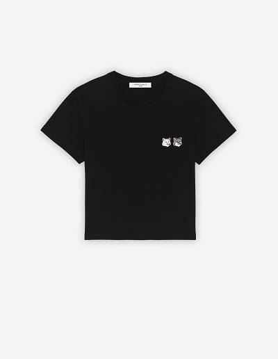 Black Women's Maison Kitsune Double Monochrome Fox Head Patch Cropped T Shirts | AU-H0M05