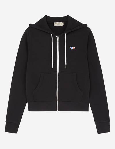 Black Women's Maison Kitsune Tricolor Fox Patch Zip Hoodies | AU-M0185