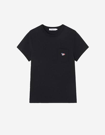 Black Women's Maison Kitsune Tricolor Fox Patch Classic Pocket T Shirts | AU-V0230